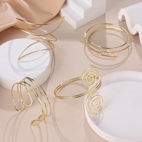 4PCS Gold Arm Cuff Jewelry for Women Upper Arm Cuff Bangle Band Armlet Adjustabl - Picture 6 of 6